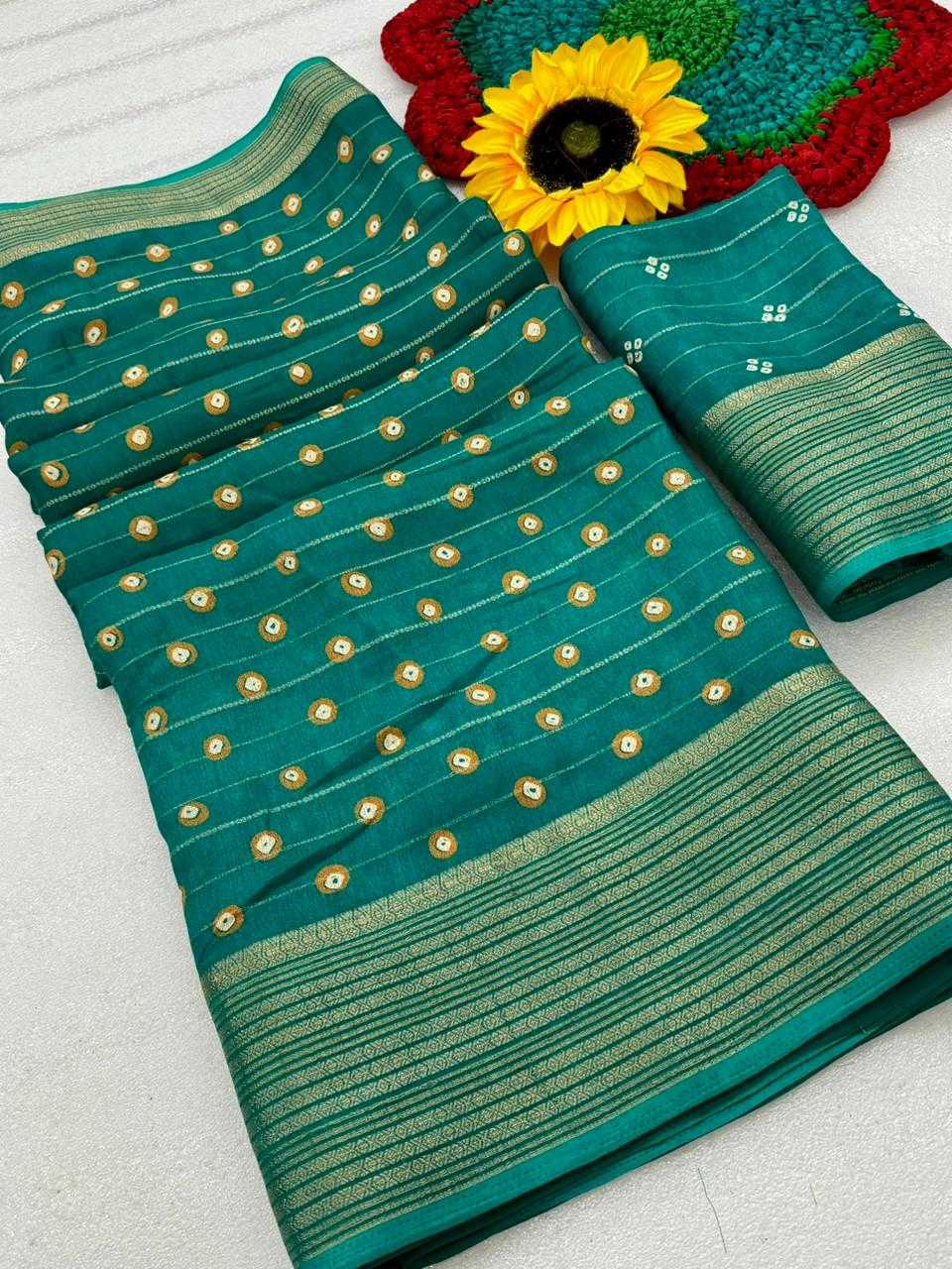  floral print and gold denting zari border all over sarees attached with perfectly matched pallu & blouse peice