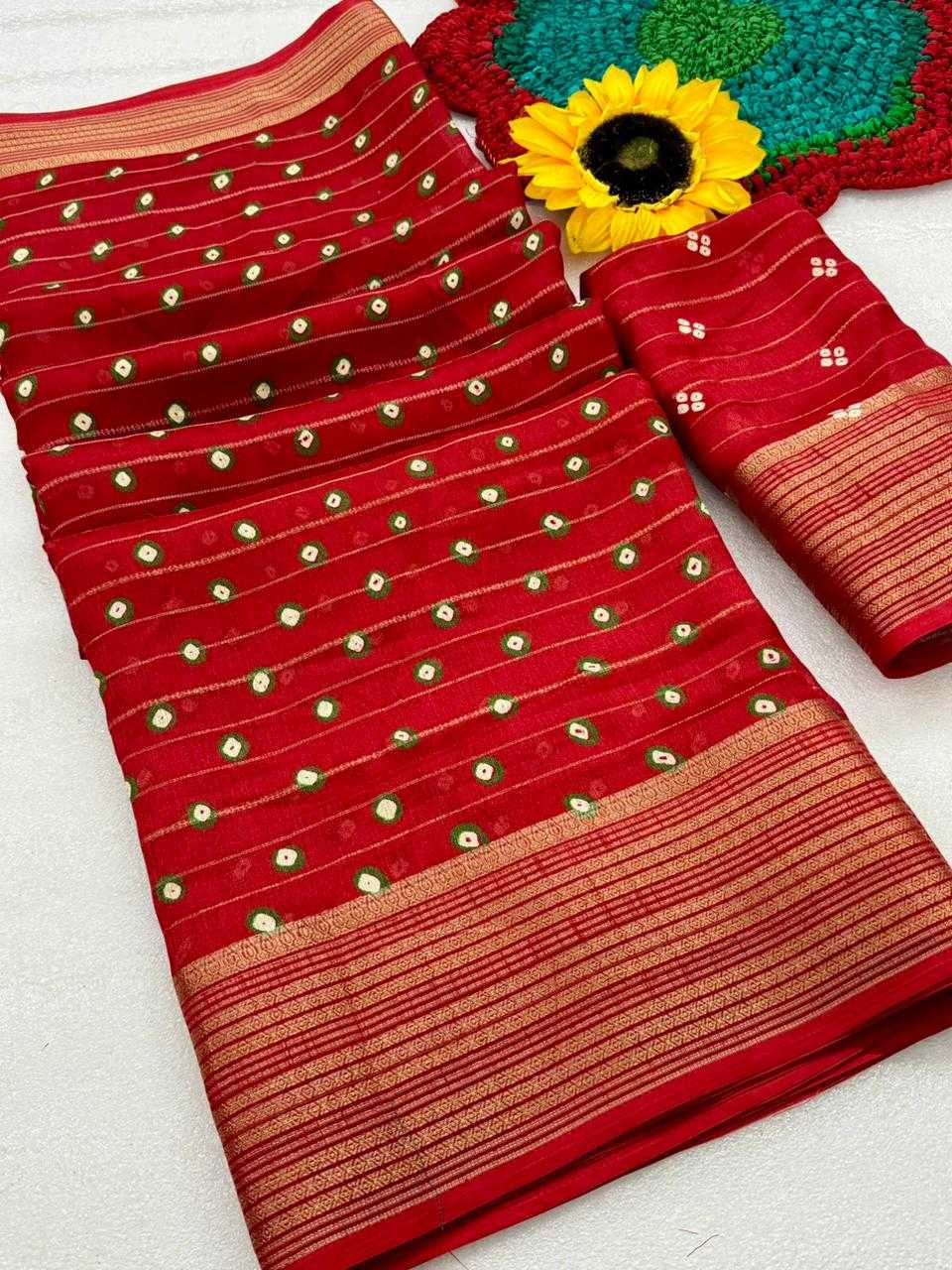  floral print and gold denting zari border all over sarees attached with perfectly matched pallu & blouse peice