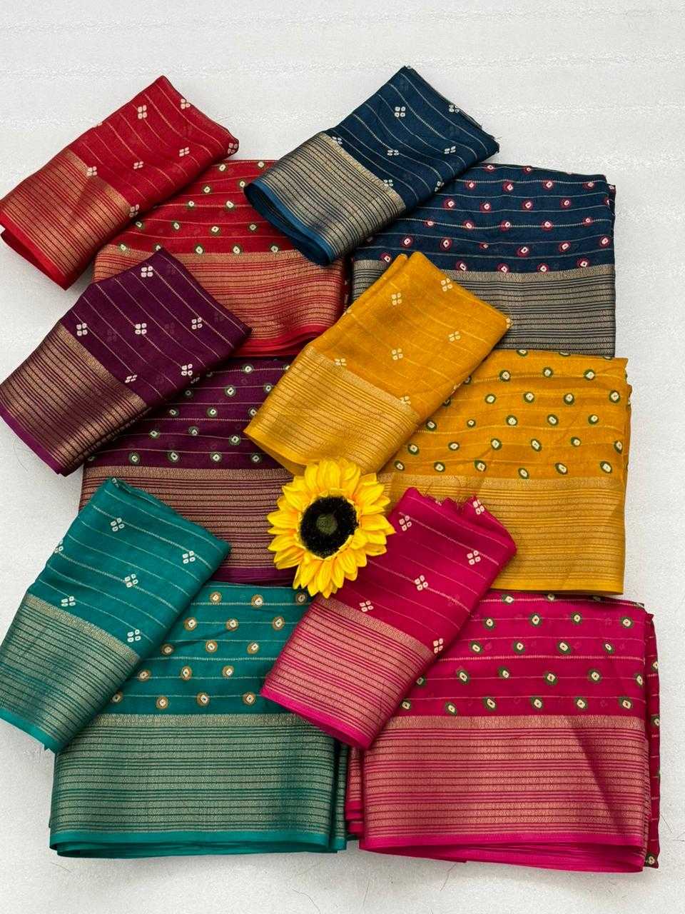  floral print and gold denting zari border all over sarees attached with perfectly matched pallu & blouse peice