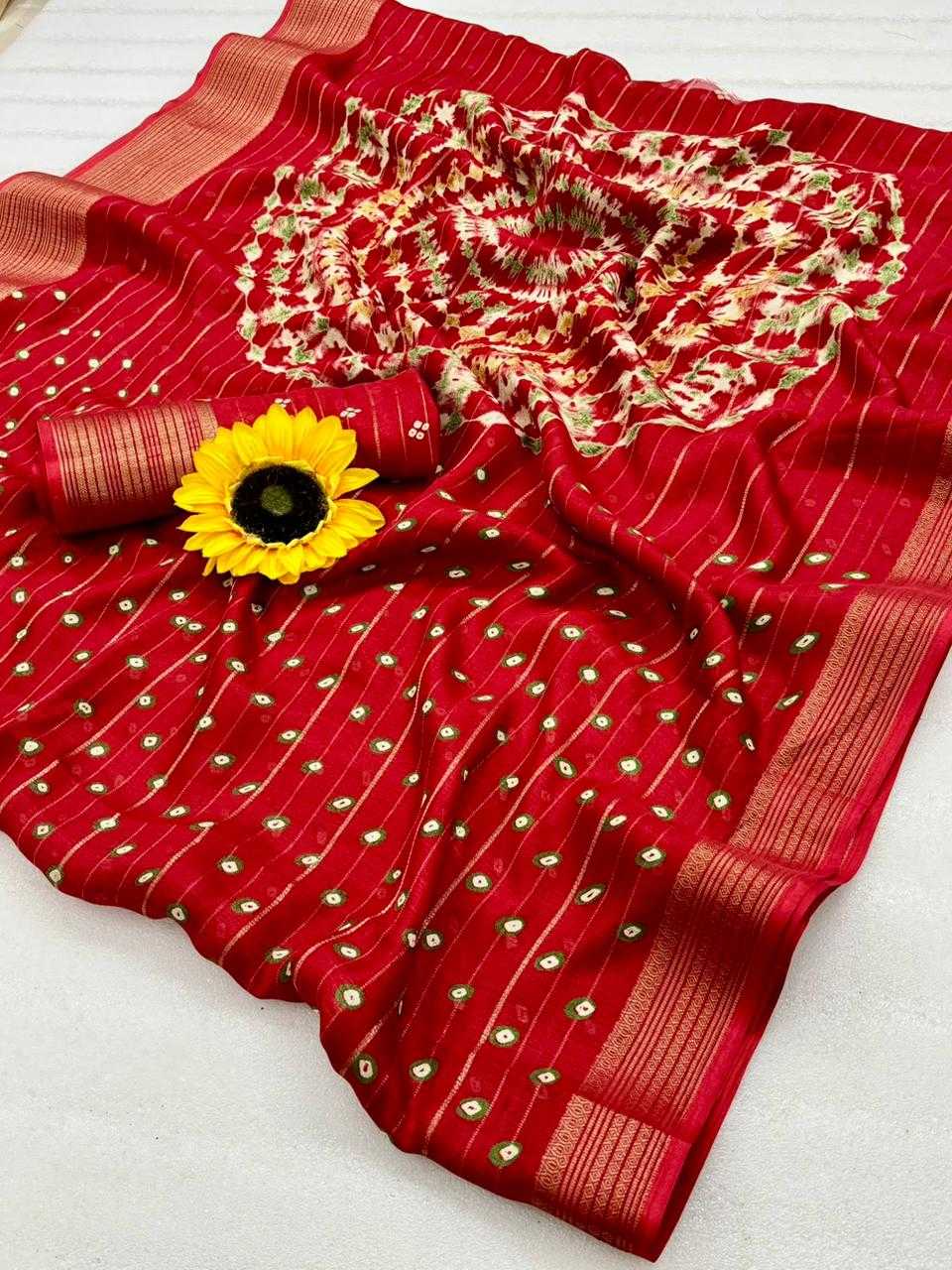  floral print and gold denting zari border all over sarees attached with perfectly matched pallu & blouse peice