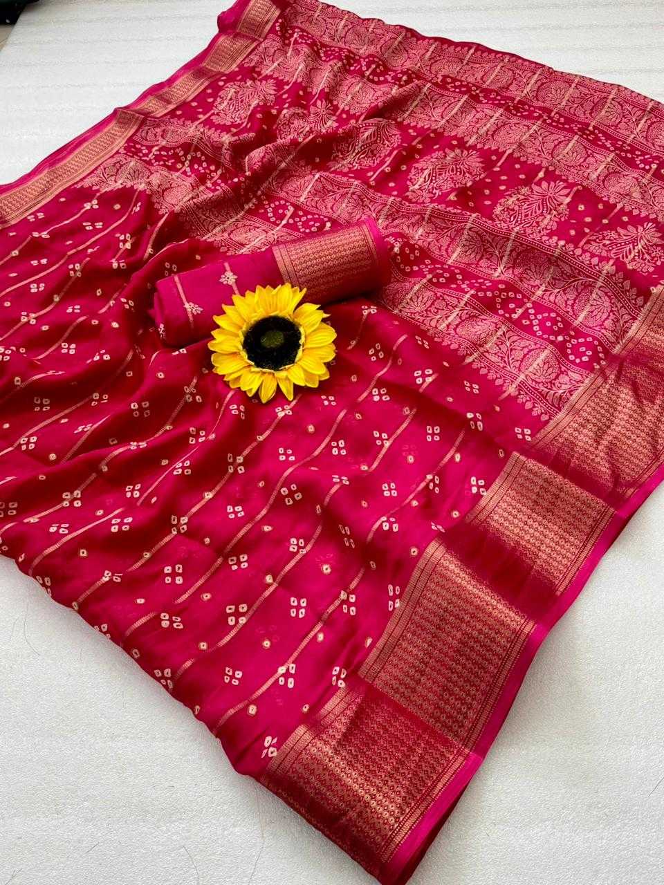  floral print and gold denting zari border all over sarees attached with perfectly matched pallu & blouse peice