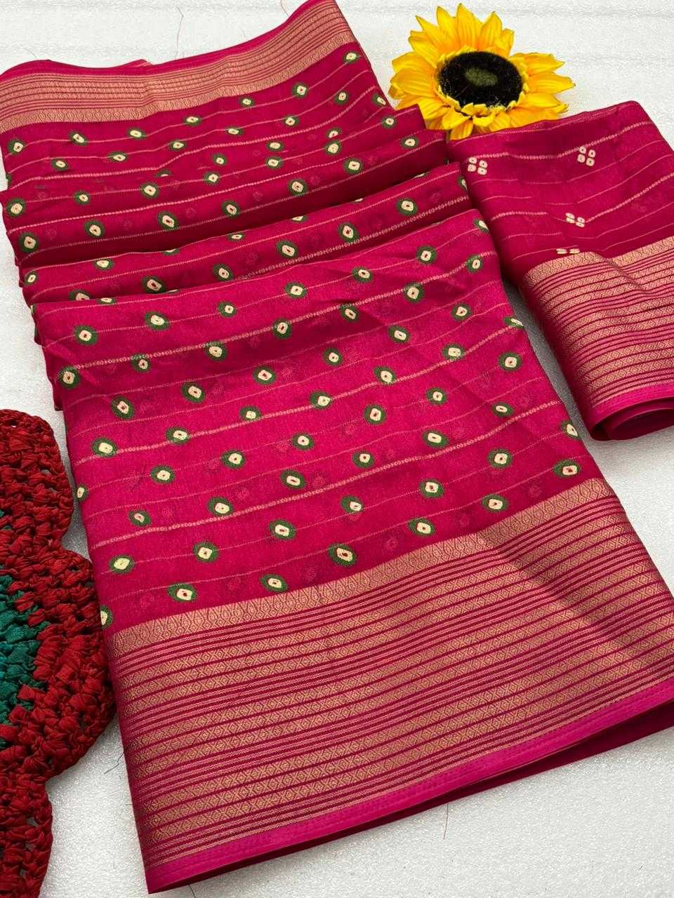  floral print and gold denting zari border all over sarees attached with perfectly matched pallu & blouse peice