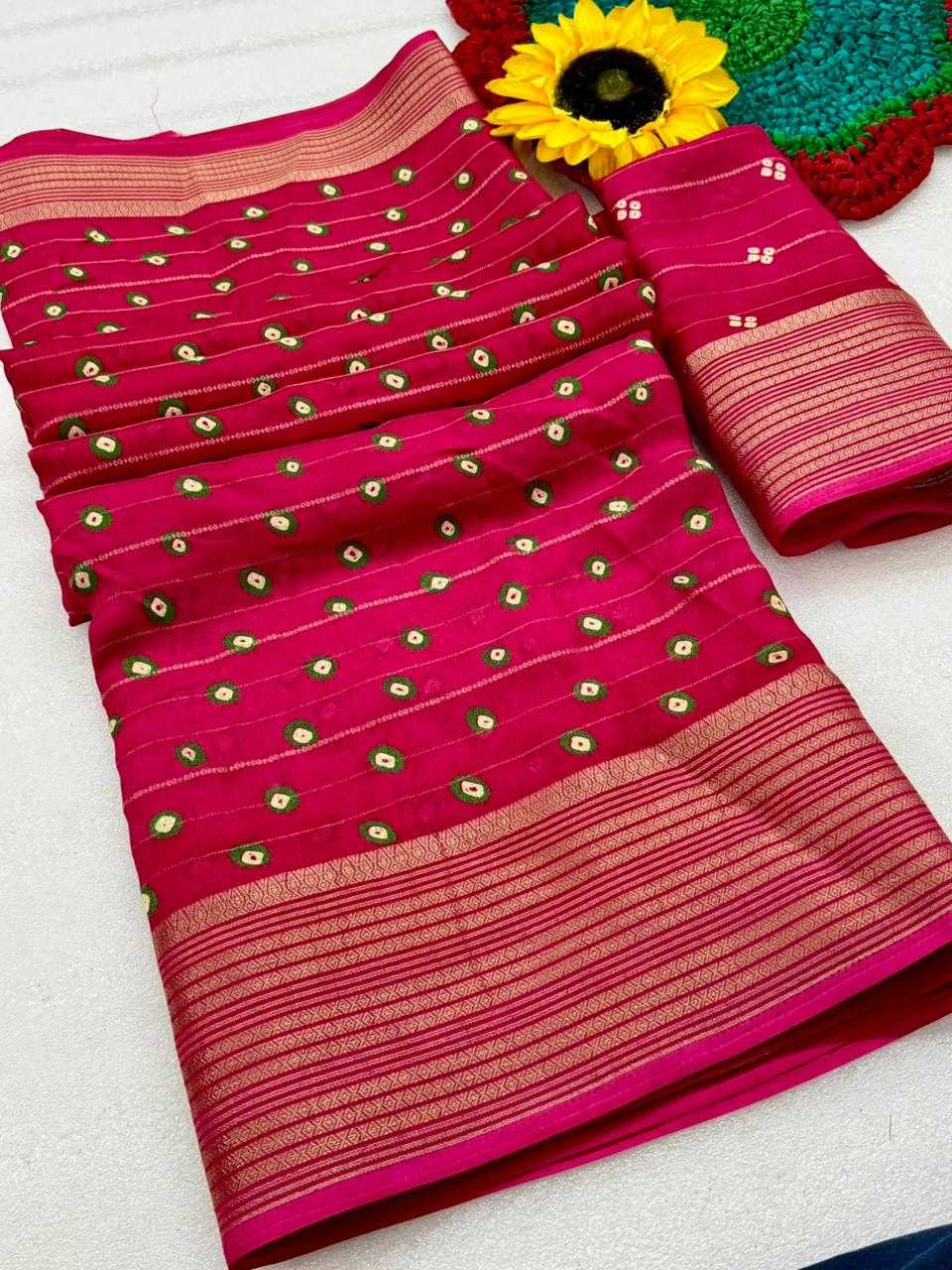  floral print and gold denting zari border all over sarees attached with perfectly matched pallu & blouse peice
