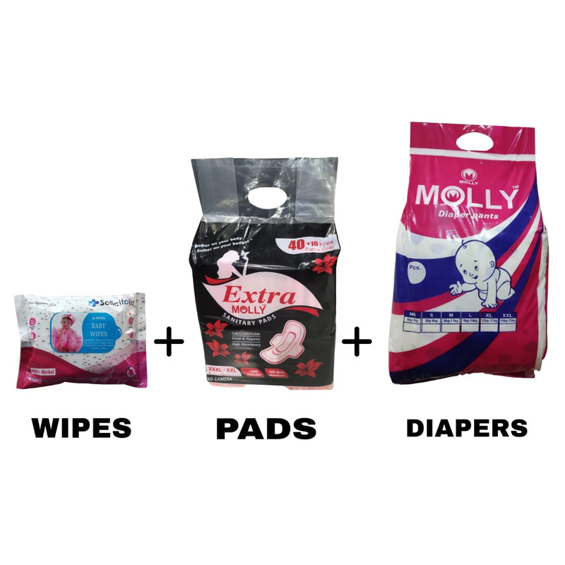 Molly Baby Diapers, Soft and leakage proof dry pant diapers ( 32 Pieces) +molly sanitary pad 40 pca +solicitous 25 pcs
